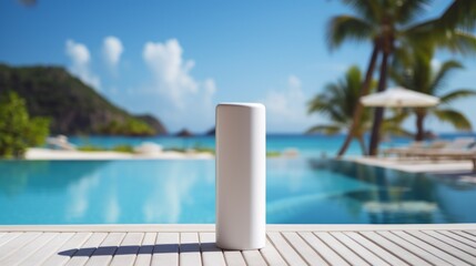 A tube of sunscreen sits on a beach bench.