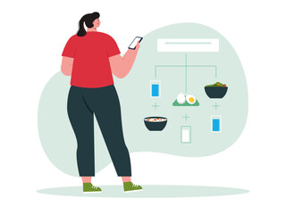 Woman creating a diet routine using mobile app, Diet vector illustration