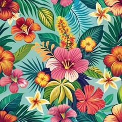 Seamless pattern of vibrant tropical flowers like hibiscus and orchids, Generative AI