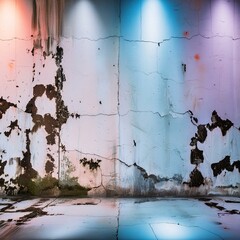 old wall with graffiti.A realistic painting depicting an old concrete wall illuminated by neon lights, capturing the gritty texture of the surface and the vibrant hues of the lighting, conveying a sen - obrazy, fototapety, plakaty
