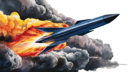 Sleek Blue Rocket Soaring Through Dramatic Clouds with Explosive Fire Burst, PNG Transparent Background