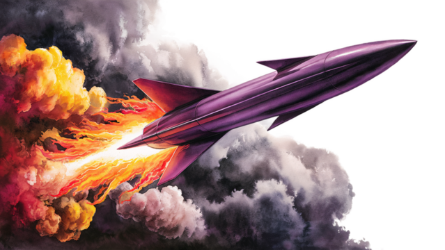 Dynamic Illustration of a Purple Rocket Speeding Through a Fiery Explosion Among Clouds, PNG Transparent Background