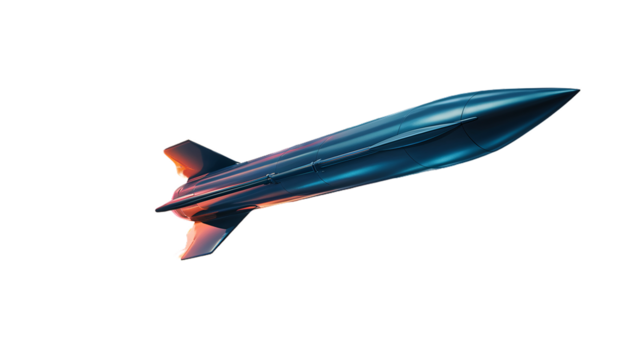 Futuristic Metallic Blue Rocket Isolated on Black Background, Elegantly Reflecting Light, PNG Transparent Background