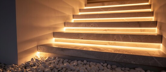 A detailed view of a staircase with bright lights illuminating the steps, creating a modern and...