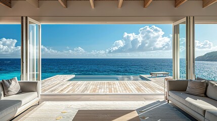 The open window of the villa offers a view of the sea. An idyllic picture of relaxation and tranquility. Generative AI