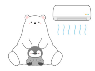 熱中症の予防や対策に関するベクターイラスト、エアコンを活用するシロクマとペンギン