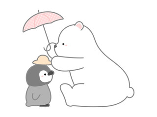 熱中症の予防や対策に関するベクターイラスト、日傘と帽子を差し出すシロクマ