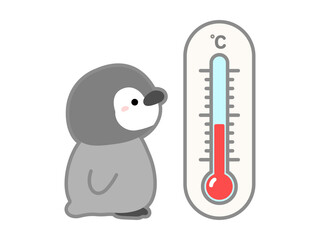 熱中症の予防や対策に関するベクターイラスト、温度気や湿度計で気温を管理するペンギン