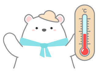 熱中症の予防や対策に関するベクターイラスト、温度気や湿度計で気温を管理するシロクマ04