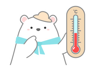 熱中症の予防や対策に関するベクターイラスト、温度気や湿度計で気温を管理するシロクマ01