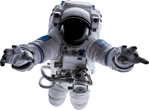 Floating astronaut holding a camera, looking at camera