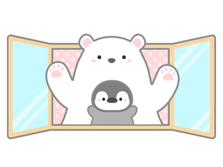 熱中症の予防や対策に関するベクターイラスト、窓を開けて換気をするシロクマとペンギン01