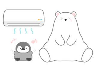 熱中症の予防や対策に関するベクターイラスト、エアコンで快適な温度を保つシロクマとペンギン