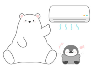 熱中症の予防や対策に関するベクターイラスト、エアコンで涼むシロクマとペンギン