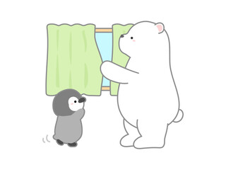 熱中症の予防や対策に関するベクターイラスト、カーテンを閉めて直射日光を遮り部屋の温度を下げる挿し絵03