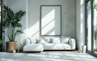 Modern living room bathed in sunlight with a cozy white couch and green plants