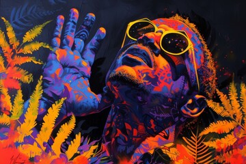 Illustrative artwork of a person with neon colors and a psychedelic background