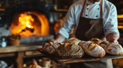 A rustic artisan bakery scene with a wood-fired oven glowing in the background a baker pulling out a tray of freshly baked sourdough breads
