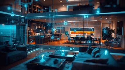 smart home interior showcasing interconnected devices and appliances, linked by glowing blue lines, illustrating technology's eco-friendly integration with modern living spaces and infrastructure