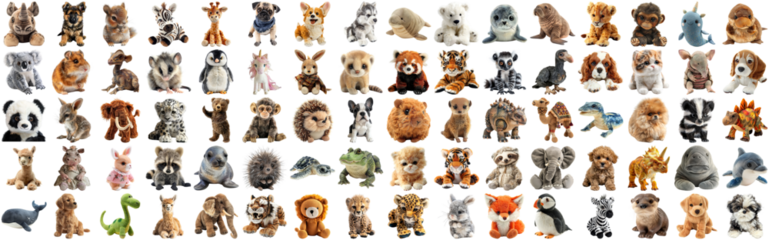 Big set of cute fluffy animal dolls for nursery and children toys, many animal plush dolls photo collection set, isolated background AIG44