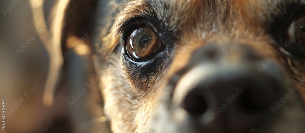 Poster close-up view of a dog's face, showcasing its features with a blurred background in the backdrop