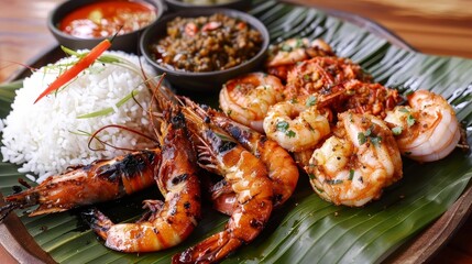 a plate of shrimp, rice, and vegetables