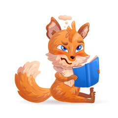 Funny cartoon fox is reading a book, studying. Vector illustration.