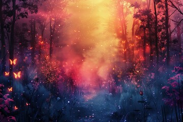Radiant Realm: Where Fairies and Butterflies Illuminate the Forest in Colored Brilliance