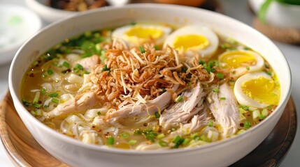 a bowl of chicken noodle soup topped with fried and yellow eggs, served in a white bowl