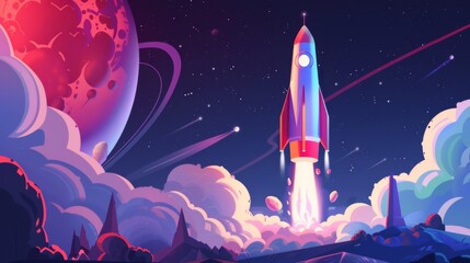 AI Generated. AI Generative. Cartoon rocket go fly up launch. Space galaxy adventure travel...