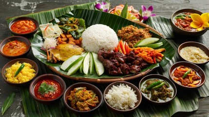 a colorful assortment of food items arranged on a wooden table, including white rice, orange carrot