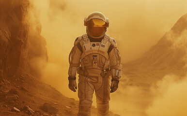 A cinematic still of an astronaut standing on Mars, with the sky yellow and foggy, smoke billowing behind him