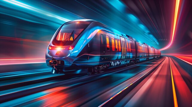 futuristic Hyperloop train zooms across the magnetic levitation tracks, representing the pinnacle of high-speed rail travel and the future of transportation