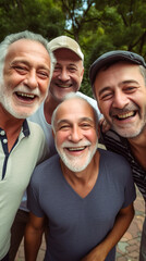 Four men, elderly retired friends Take a selfie outdoors With a smartphone, have fun and take photos with memories in nature.