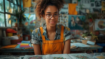 Young female artist working on floral patterns in a bright art studio - Powered by Adobe