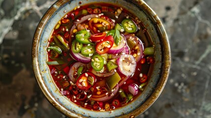 a metal bowl filled with a variety of colorful vegetables, including red and purple onions, green p