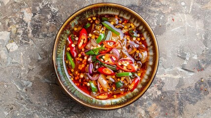 a bowl filled with a variety of colorful vegetables, including red and green peppers, green peppers - Powered by Adobe