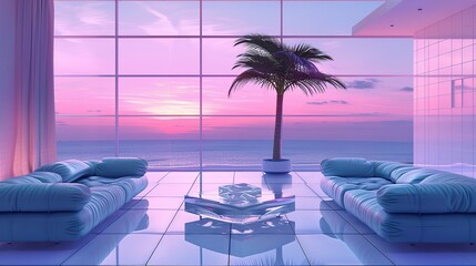 photo of interior design, a large glass window with an ocean view at sunset, a blue and pink color scheme with pastel colors