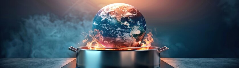 A digital painting of a planet Earth on fire, sitting on a stove burner