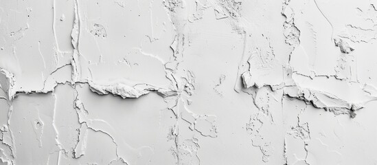 Close up of white paint peeling off a textured wall surface, revealing underlying layers in a weathered state