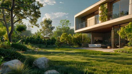 Obraz premium Hyper-realistic suburban home with lush garden. AI Generative.