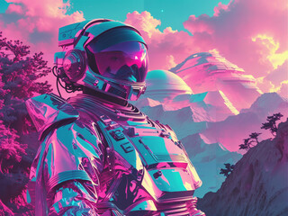 person in a helmet, blue and pink futuristic concept art