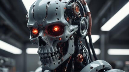 Fototapeta premium Futuristic close-up of a robot head or cyborg helmet 