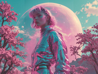 person in a helmet, blue and pink futuristic concept art
