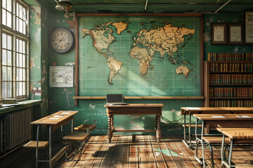 interior of a classroom with map on the wall