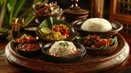 a wooden table adorned with a variety of bowls filled with food, including white rice, a brown bowl