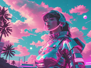 person in a helmet, blue and pink futuristic concept art