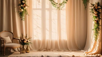 Boho wedding backdrop with natural light shadows on beige linen cloth texture