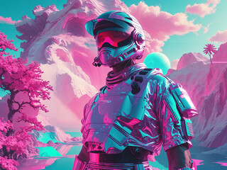 person in a helmet, blue and pink futuristic concept art