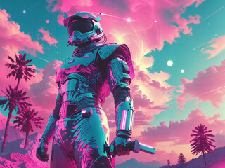 person in a helmet, blue and pink futuristic concept art